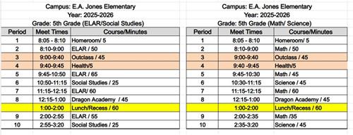 5th Grade Schedule
